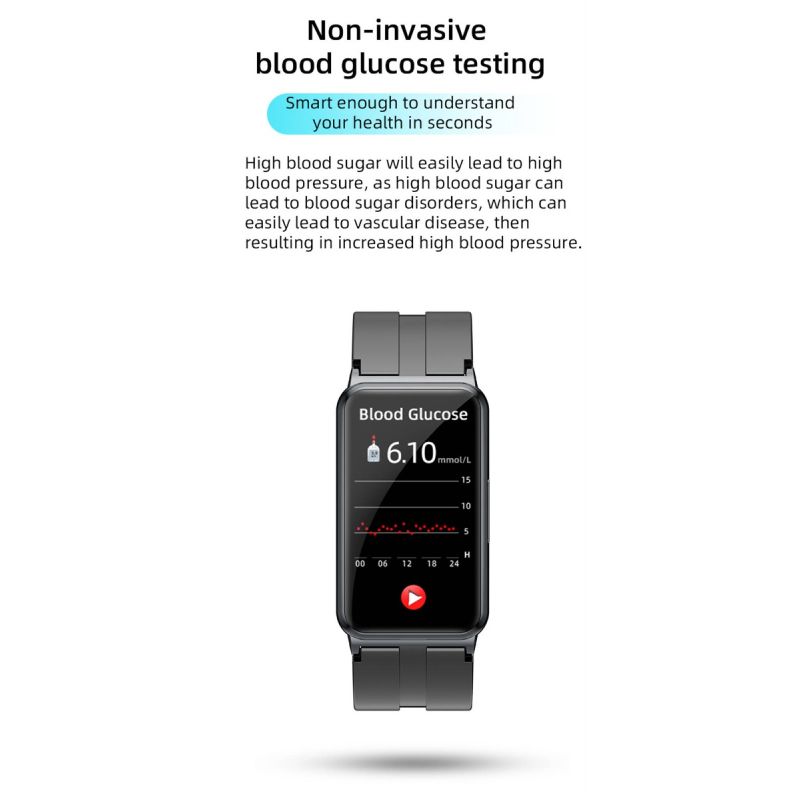 EP01 Smartwatch met Bloedglucosemeter, ECG, PPG & HRV. Hartslag, Temp. Monitor, Waterdicht Fitness Tracker Gezondheidsband