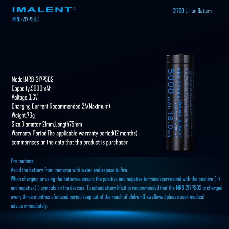 IMALENT MRB-217P50S 21700 Batterij 5000mAh. Hoge Capaciteit, Oplaadbaar 3.6V voor LED Zaklamp.