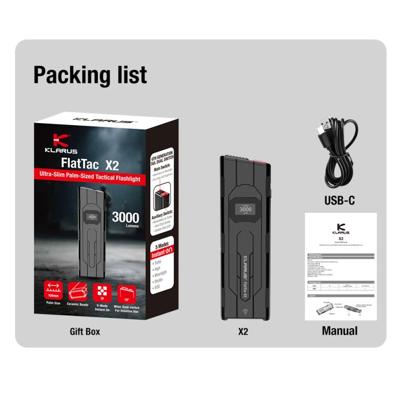 Klarus X2 Ultracompacte EDC zaklamp, 3000 lumen, USB-C oplaadbaar, handpalmformaat, krachtig, superhelder!