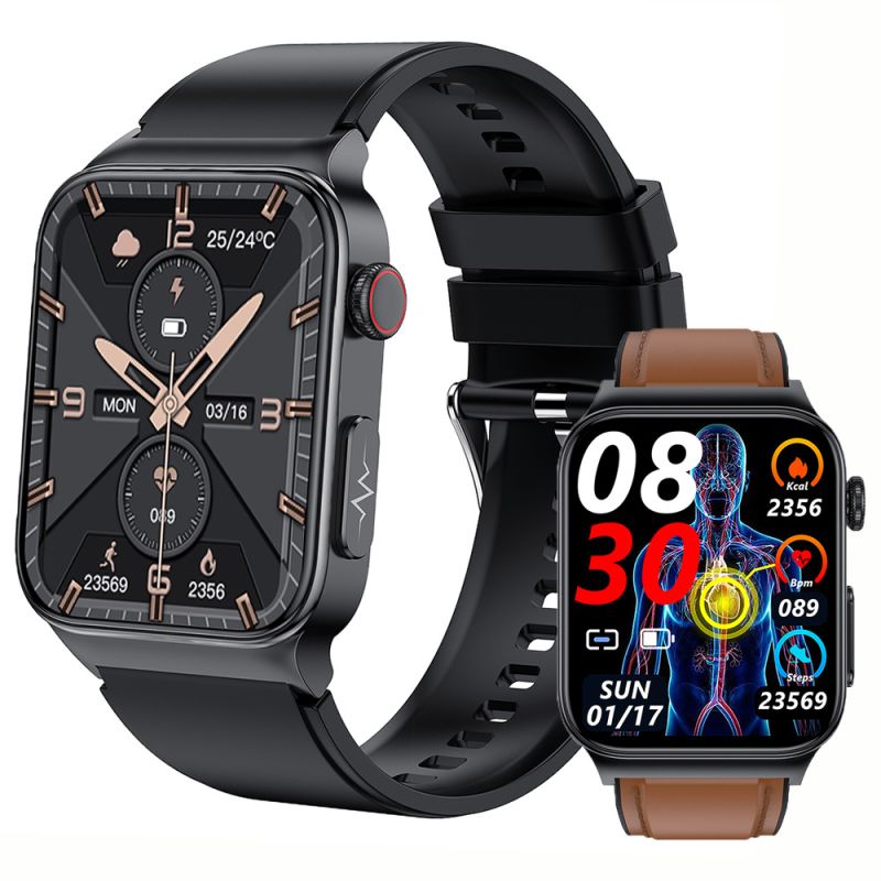 E500 Bloedglucose Smartwatch Heren met ECG Monitor, Bloeddruk & Lichaamstemperatuur – IP68 Waterdichte Fitness Tracker