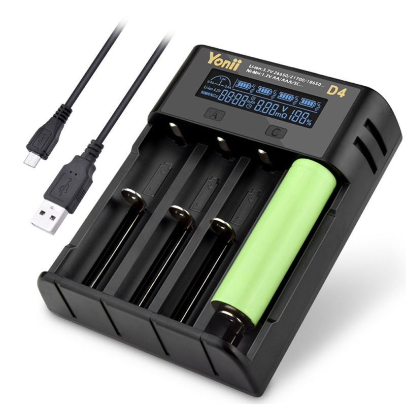 YONII D4 Acculader Universeel 4-Slot LCD voor 18650, 21700, AA, AAA Li-ion/Ni-mh met USB & NL Handleiding