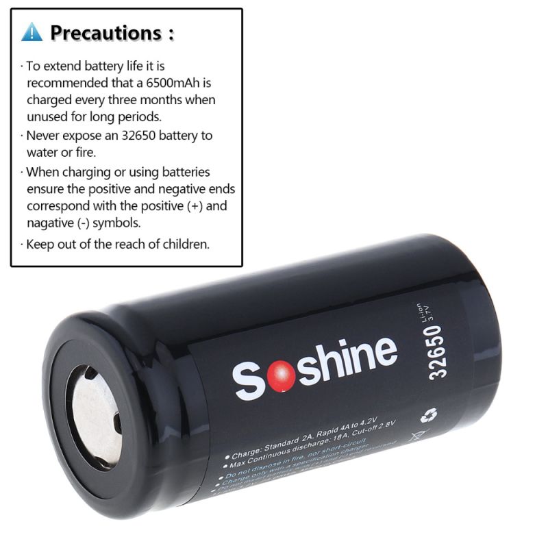 Soshine 6500mAh 3.7V 32650 Lithium Li-ion oplaadbare batterij met hoge energiedichtheid en lange levensduur
