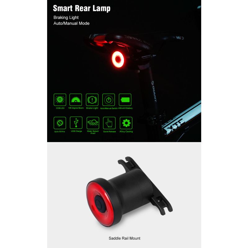 XLite100 Intelligente Fiets Achterlicht USB Slimme Fietsrem COB LED Veiligheid voor Woon-werkverkeer Trail Fietsen