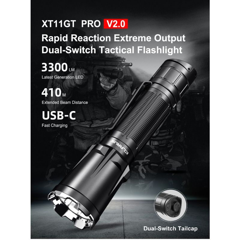 Klarus XT11GT PRO V2.0 zaklamp 3300 lumen USB-C oplaadbaar meerdere helderheidsniveaus buitenverlichting