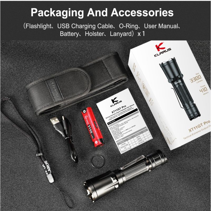 Klarus XT11GT PRO V2.0 zaklamp 3300 lumen USB-C oplaadbaar meerdere helderheidsniveaus buitenverlichting