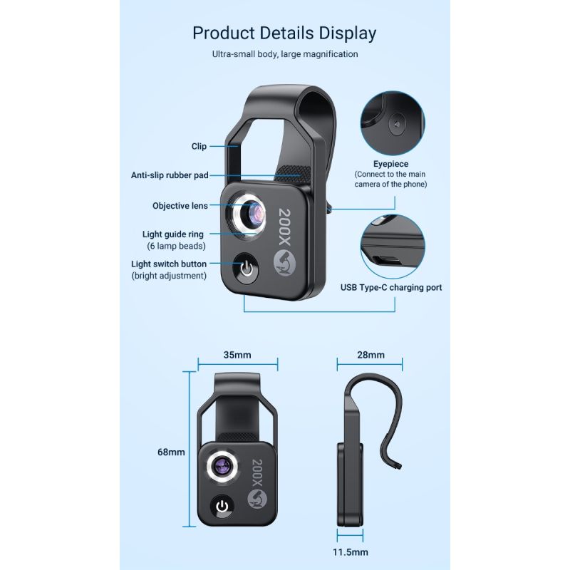 APEXEL 200X vergroting microscooplens voor mobiele fotografie iPhone Samsung hoge definitie beeldkwaliteit