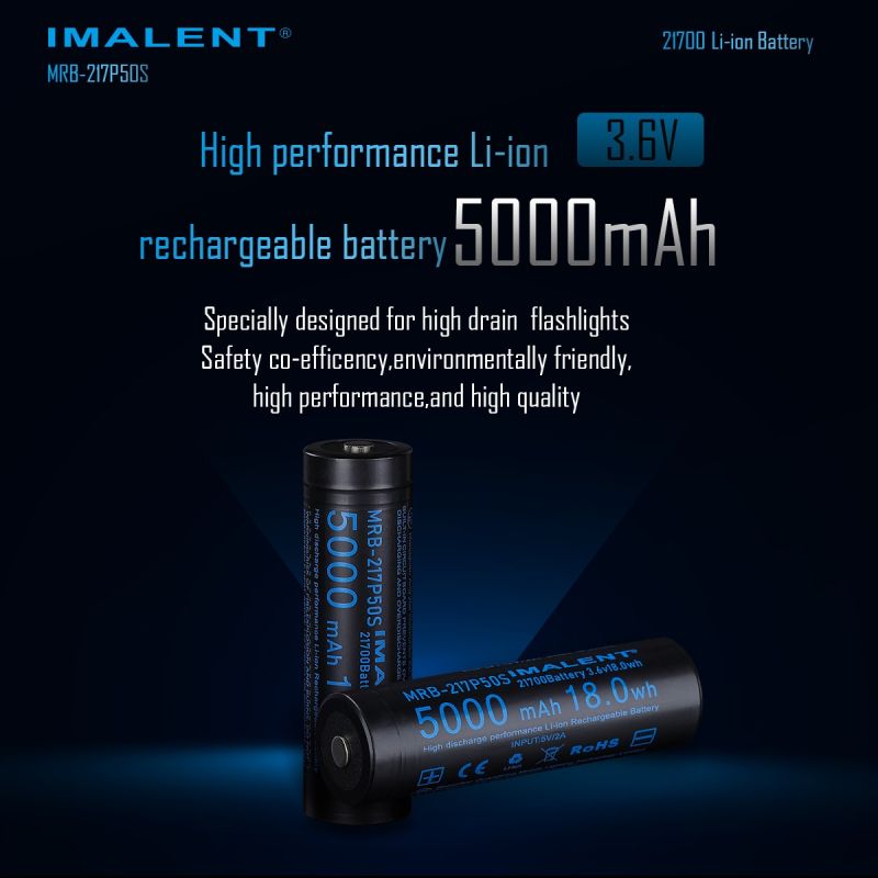IMALENT MRB-217P50S 21700 Batterij 5000mAh. Hoge Capaciteit, Oplaadbaar 3.6V voor LED Zaklamp.