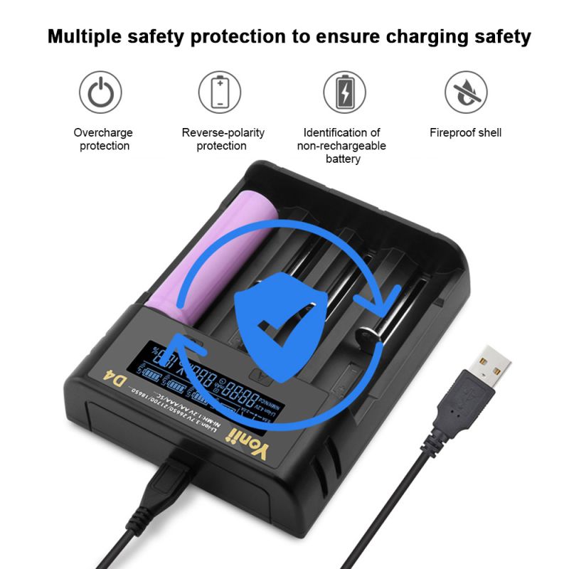 YONII D4 Acculader Universeel 4-Slot LCD voor 18650, 21700, AA, AAA Li-ion/Ni-mh met USB & NL Handleiding