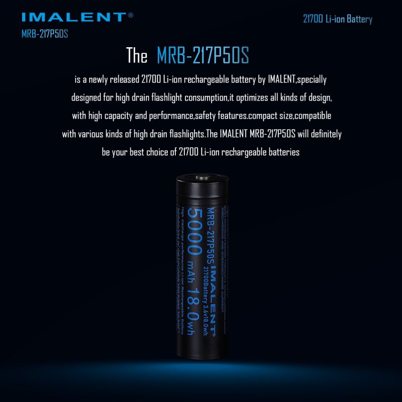 IMALENT MRB-217P50S 21700 Batterij 5000mAh. Hoge Capaciteit, Oplaadbaar 3.6V voor LED Zaklamp.