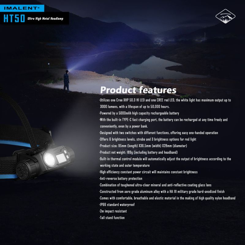 IMALENT HT50 LED-koplamp krachtige koplamp met dubbele lichtbronnen lange looptijd en waterdicht ontwerp