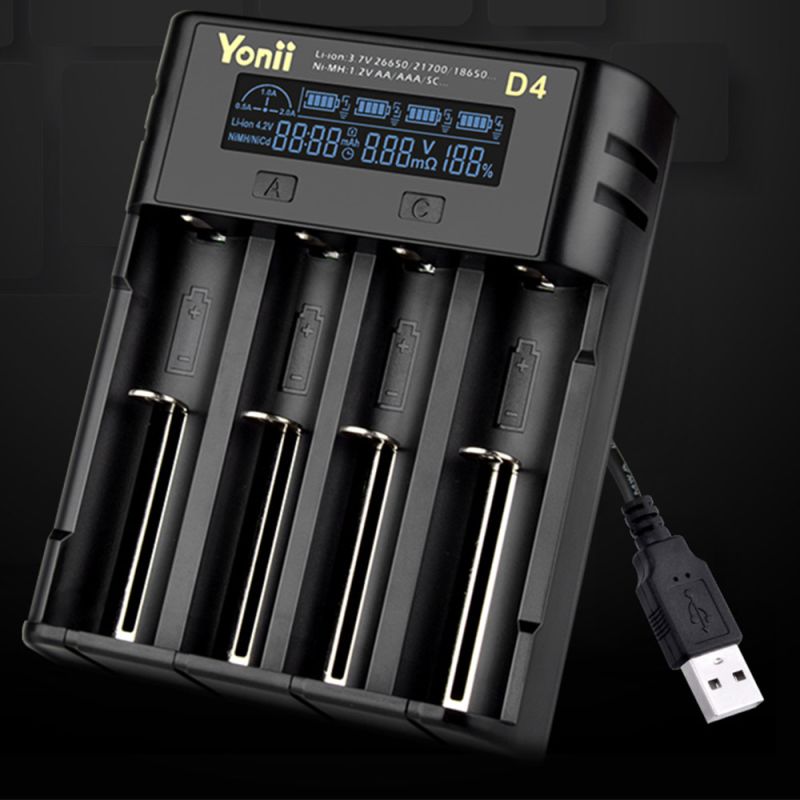 YONII D4 Acculader Universeel 4-Slot LCD voor 18650, 21700, AA, AAA Li-ion/Ni-mh met USB & NL Handleiding