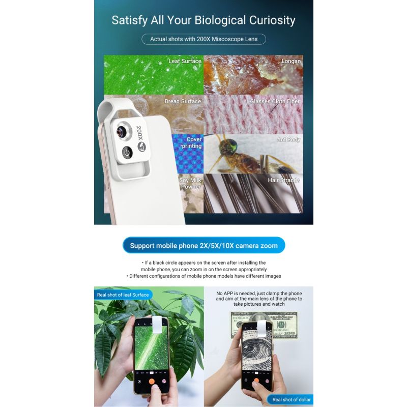 APEXEL 200X vergroting microscooplens voor mobiele fotografie iPhone Samsung hoge definitie beeldkwaliteit