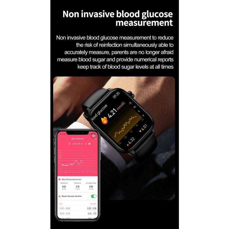 ET570 Smartwatch Bloedglucose ECG Bloeddruk voor Android iOS | H-band Gezondheidspartner IP68