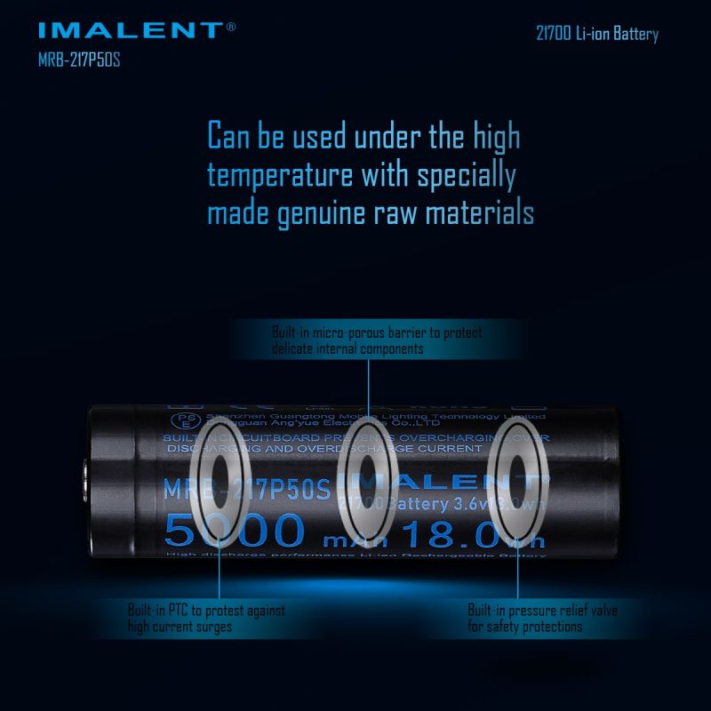 IMALENT MRB-217P50S 21700 Batterij 5000mAh. Hoge Capaciteit, Oplaadbaar 3.6V voor LED Zaklamp.
