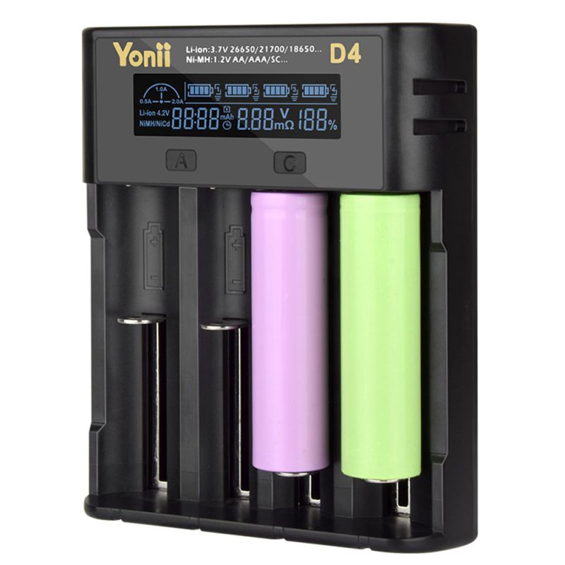 YONII D4 Acculader Universeel 4-Slot LCD voor 18650, 21700, AA, AAA Li-ion/Ni-mh met USB & NL Handleiding