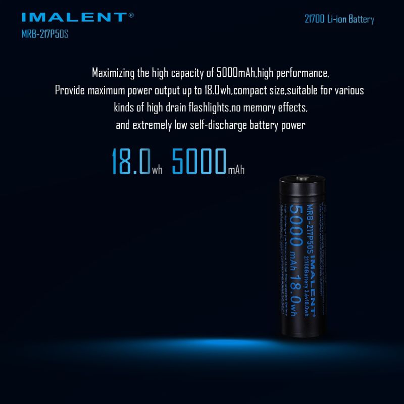 IMALENT MRB-217P50S 21700 Batterij 5000mAh. Hoge Capaciteit, Oplaadbaar 3.6V voor LED Zaklamp.