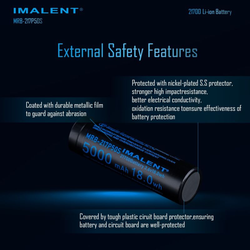 IMALENT MRB-217P50S 21700 Batterij 5000mAh. Hoge Capaciteit, Oplaadbaar 3.6V voor LED Zaklamp.