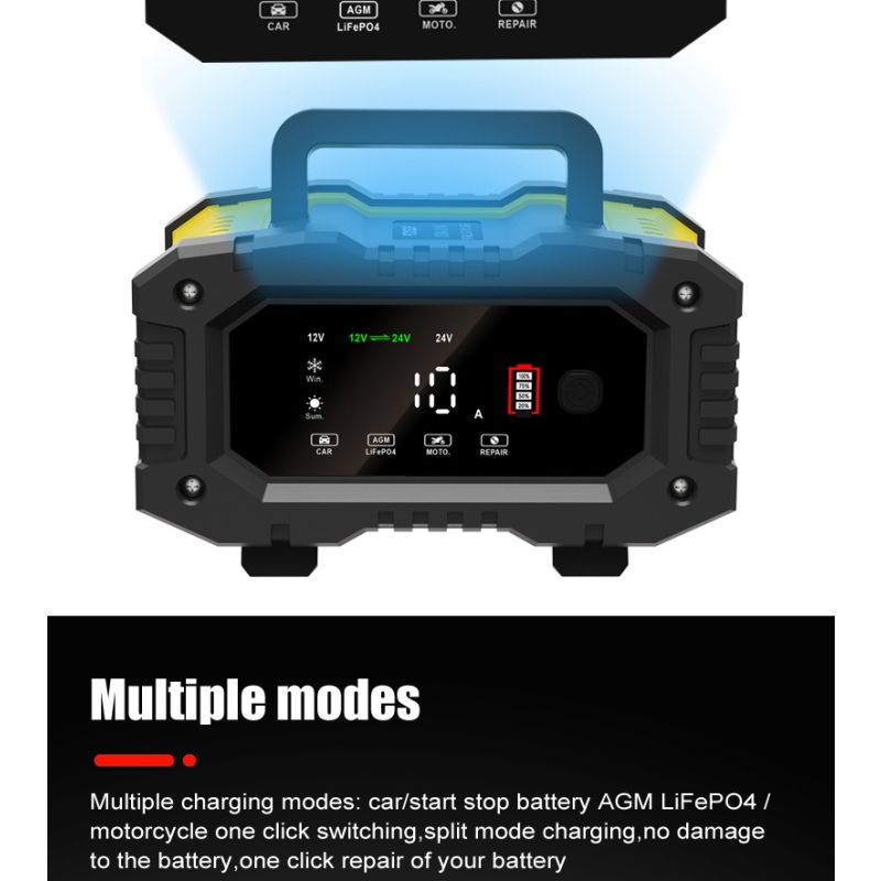 FOXSUR Draagbare Auto Acculader 12V/24V voor Motorfietsen Vrachtwagens AGM LiFePO4 met 7-staps Opladen Efficiëntie