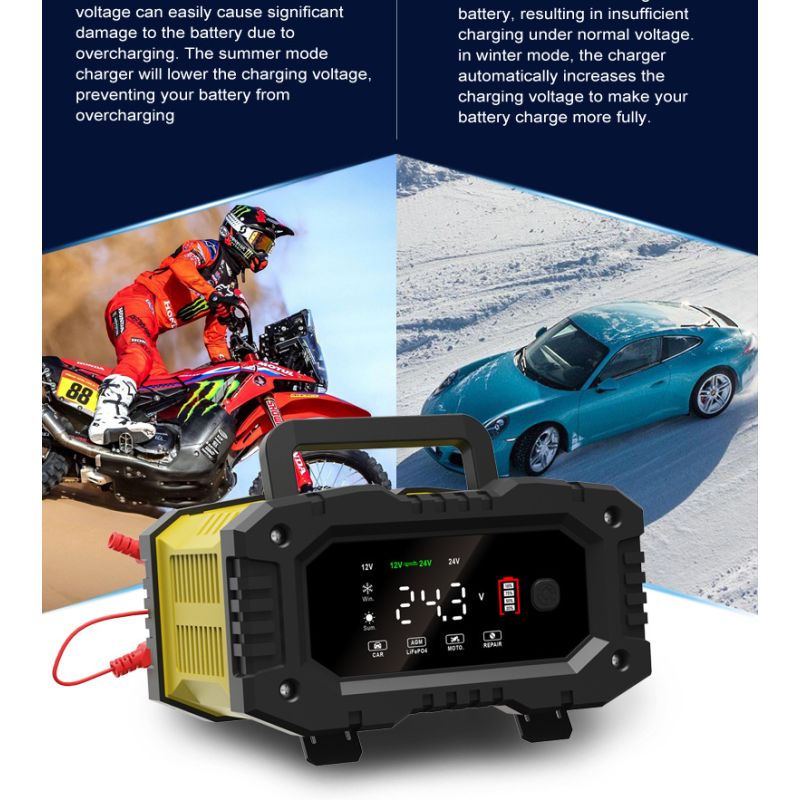 FOXSUR Draagbare Auto Acculader 12V/24V voor Motorfietsen Vrachtwagens AGM LiFePO4 met 7-staps Opladen Efficiëntie