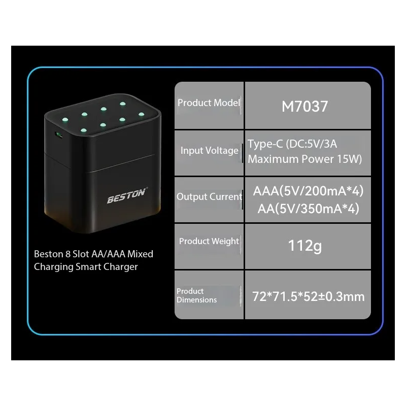 Beston Slimme Oplader 8 Slots AA Li-ion 1.5V Batterijlader Set, 3600mWh. Snellaadfunctie Gaming & Camera's!