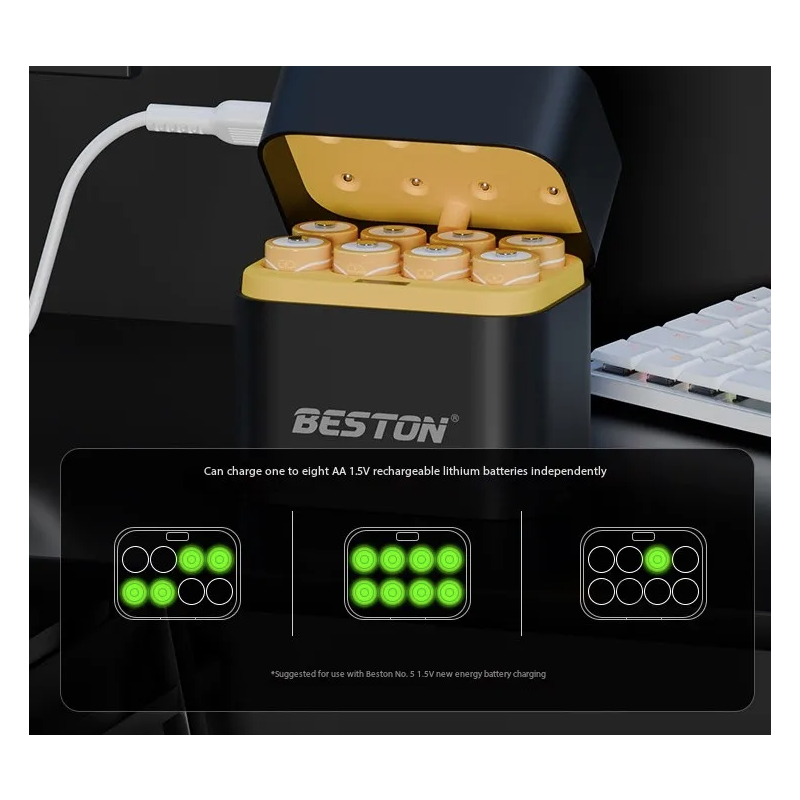 Beston Slimme Oplader 8 Slots AA Li-ion 1.5V Batterijlader Set, 3600mWh. Snellaadfunctie Gaming & Camera's!