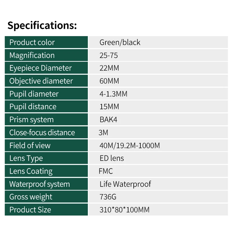 25-75x60 Zoom Spotting Scope Ed Lens BAK4 Monoculair Telescoop Vogelkijken Outdoor incl. Telefoon Adapter