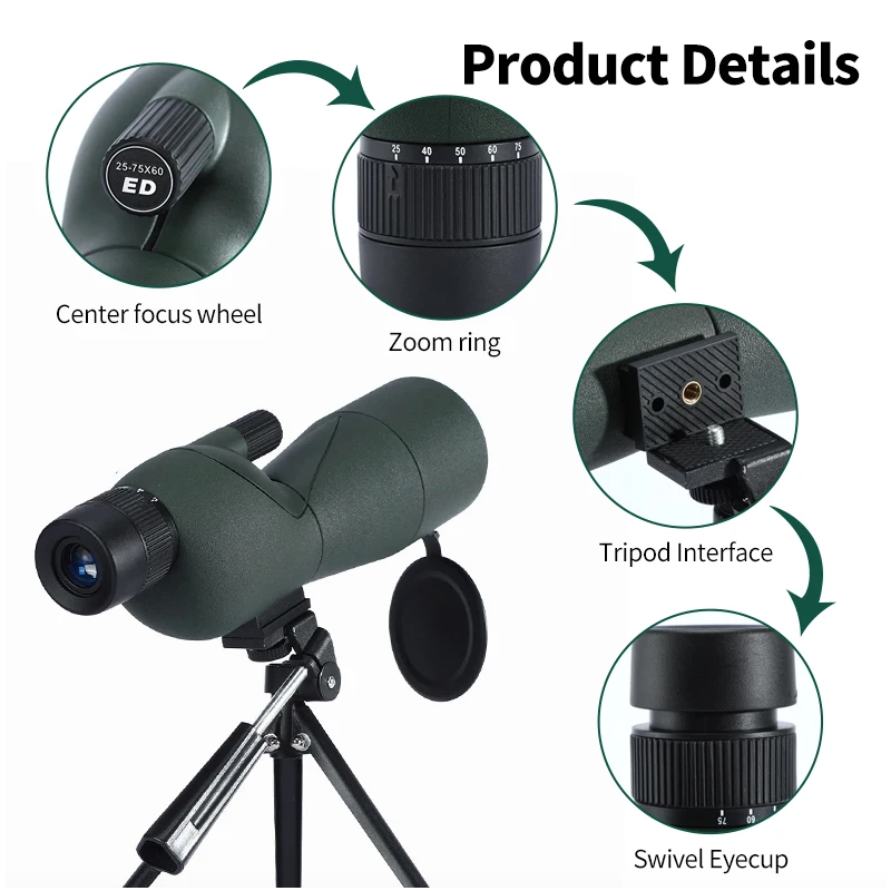 25-75x60 Zoom Spotting Scope Ed Lens BAK4 Monoculair Telescoop Vogelkijken Outdoor incl. Telefoon Adapter
