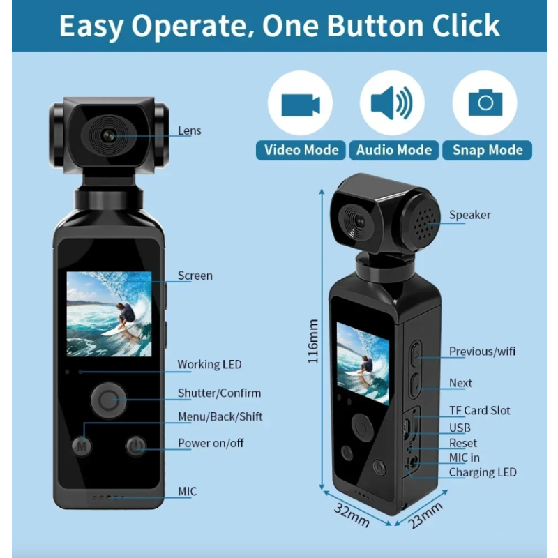 4K Ultra HD Actiecamera, Roteerbare 270 Graden Vlog Camera met Wifi, Mini Zakformaat Sportscam Helm Racefiets Driver Recorder