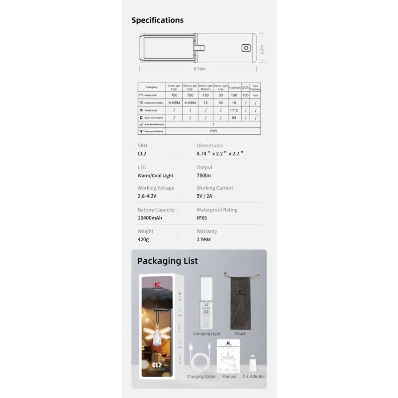 Klarus CL2 750 Lumen Vrij Vouwbaar Oogverzorgend Campinglamp 7 Lichtmodi Verstelbare Hoek voor Binnen Buiten