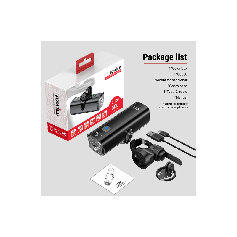 TOWILD CL600 fietslamp USB oplaadbaar hoge lumen helderheid waterdichte voorlamp met 2000mAh batterij