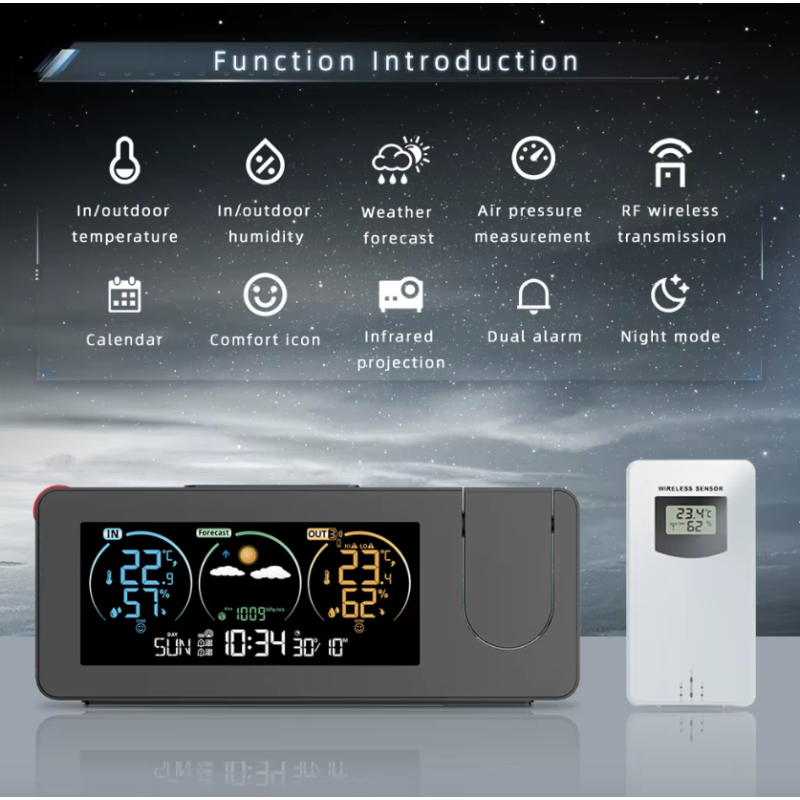 Projectieklok Wandklok Digitaal Alarm met Eeuwigdurende Kalender Weersvoorspelling Tijdsbeheer Stijlvol Ontwerp