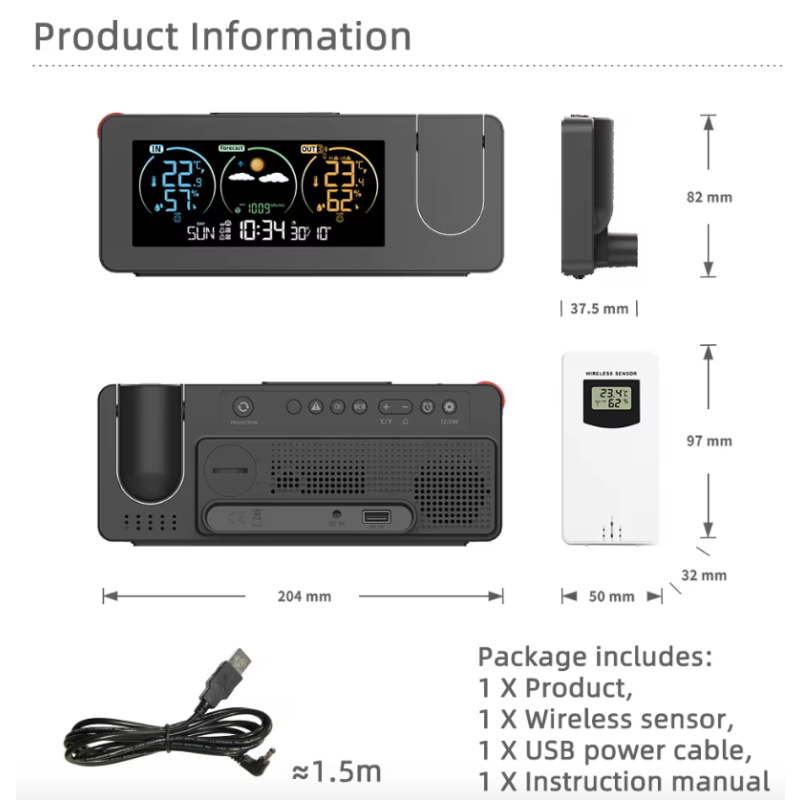 Projectieklok Wandklok Digitaal Alarm met Eeuwigdurende Kalender Weersvoorspelling Tijdsbeheer Stijlvol Ontwerp