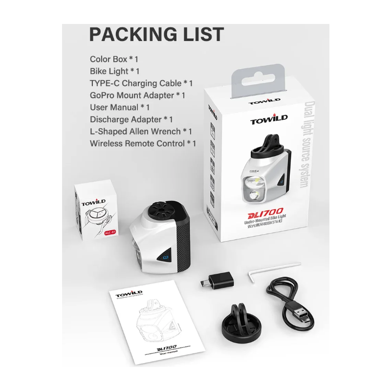 TOWILD DLite 1700 DL1700 - Krachtige USB Oplaadbare Fietslamp | 1700 Lumen | Waterdicht | Veilig Fietsen