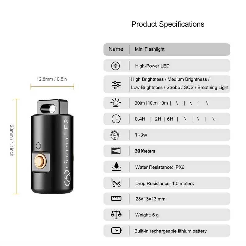 Mini Zaklamp Oplaadbaar LED Sleutelhanger - Compact voor Camping, Wandelen, Noodverlichting, 6 uur gebruik