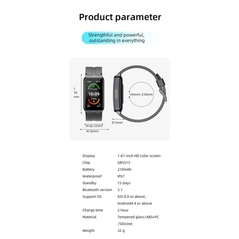 EP01 Smartwatch met Bloedglucosemeter, ECG, PPG & HRV. Hartslag, Temp. Monitor, Waterdicht Fitness Tracker Gezondheidsband