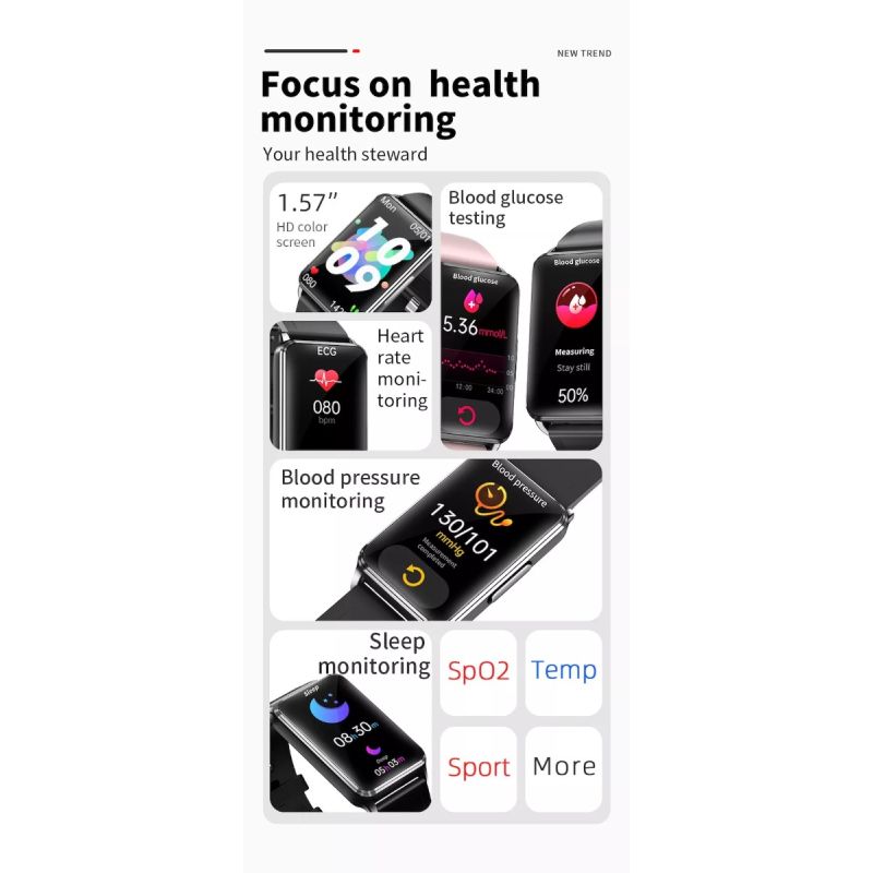 EP02 Smartwatch Heren Dames - Bloedglucose ECG Hartslag Temperatuur Fitness TrackerIP67