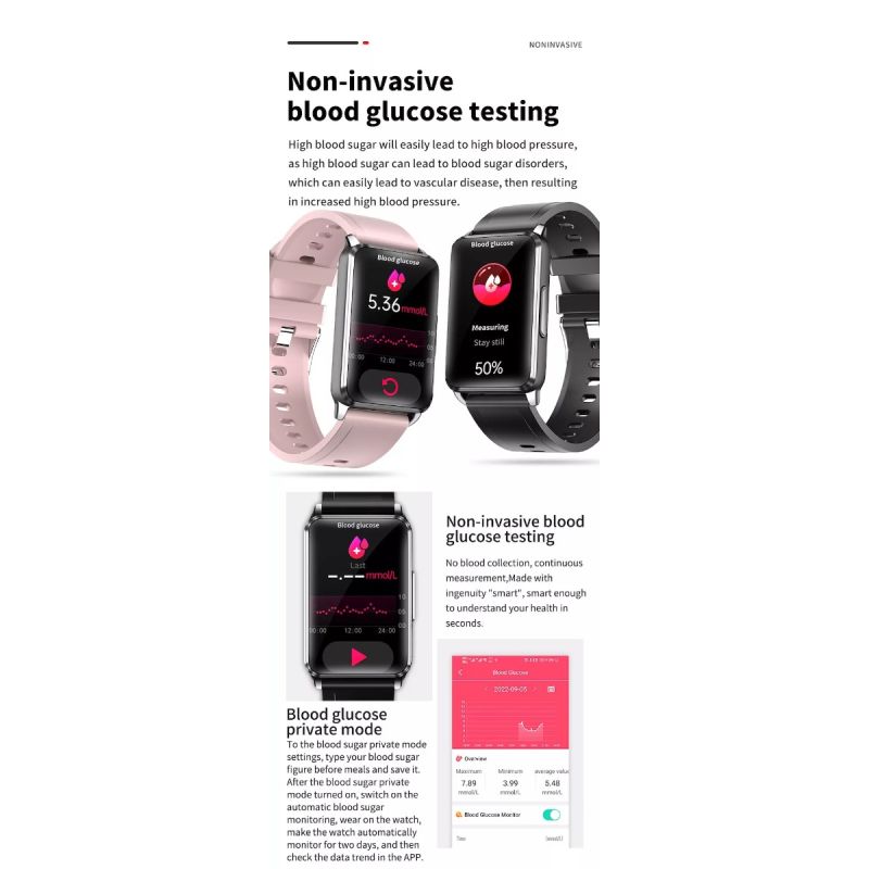 EP02 Smartwatch Heren Dames - Bloedglucose ECG Hartslag Temperatuur Fitness TrackerIP67
