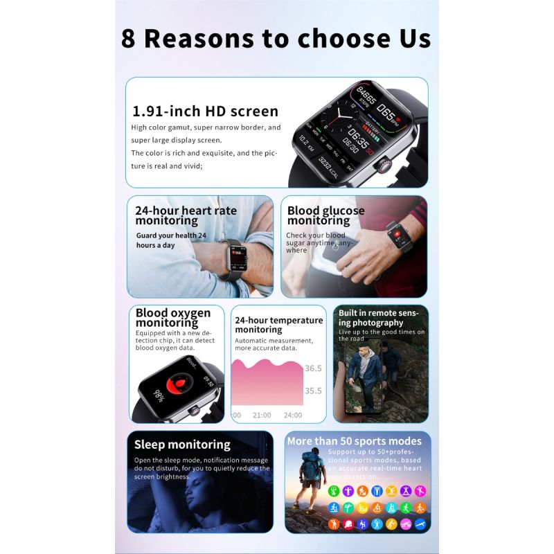 F57L Smartwatch voor Bloedglucose, Bloeddruk, Hartslag & Temperatuur Monitoring | Sport & Gezondheid Fitness Tracker