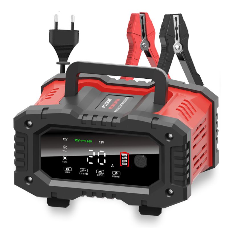 FOXSUR 20A Draagbare Auto Acculader 12V/24V voor Motorfiets Vrachtwagen AGM LiFePO4 Loodzuur Betrouwbare Prestaties