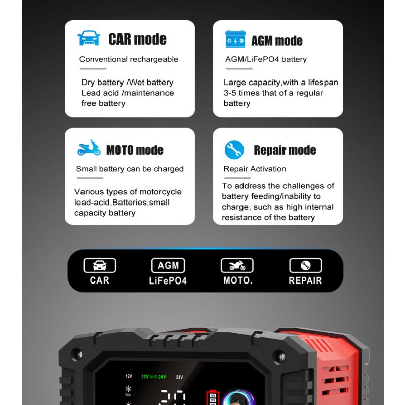 FOXSUR 20A Draagbare Auto Acculader 12V/24V voor Motorfiets Vrachtwagen AGM LiFePO4 Loodzuur Betrouwbare Prestaties