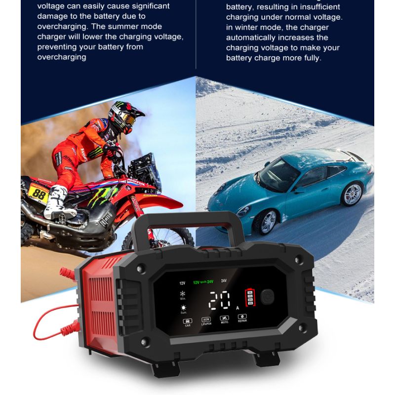 FOXSUR 20A Draagbare Auto Acculader 12V/24V voor Motorfiets Vrachtwagen AGM LiFePO4 Loodzuur Betrouwbare Prestaties