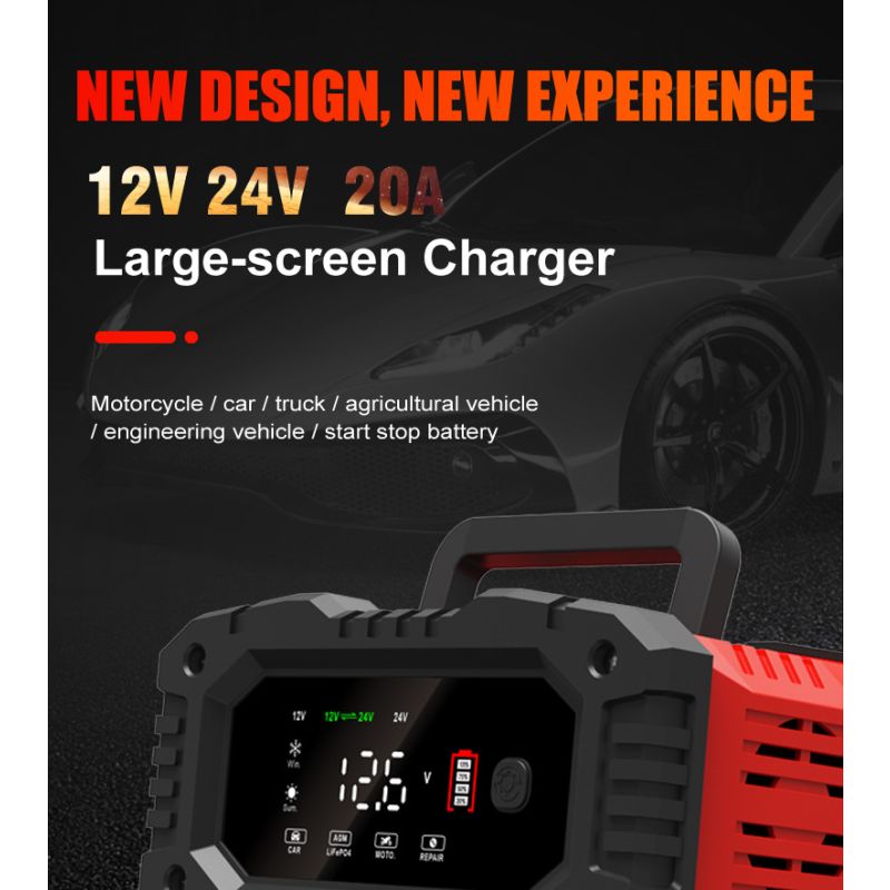 FOXSUR 20A Draagbare Auto Acculader 12V/24V voor Motorfiets Vrachtwagen AGM LiFePO4 Loodzuur Betrouwbare Prestaties