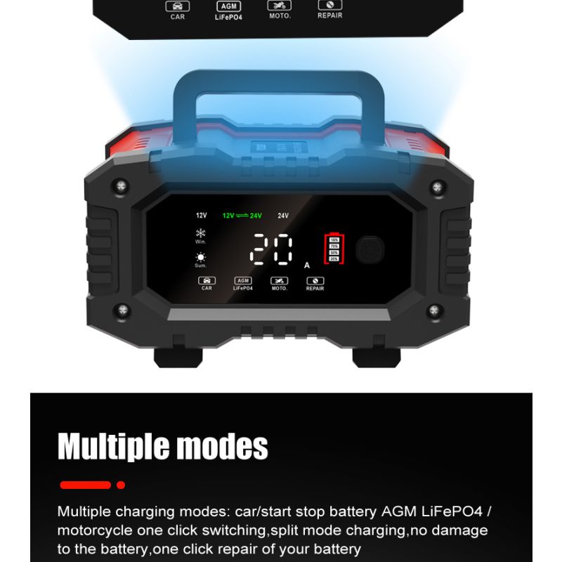 FOXSUR 20A Draagbare Auto Acculader 12V/24V voor Motorfiets Vrachtwagen AGM LiFePO4 Loodzuur Betrouwbare Prestaties