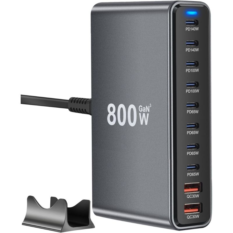 800W USB C Snellader GaN III Pro 10 Poorten | 2x140W PD PPS Laadstation voor Multi-apparaat