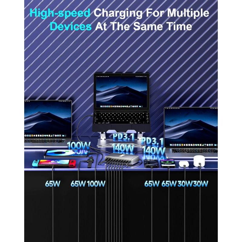 800W USB C Snellader GaN III Pro 10 Poorten | 2x140W PD PPS Laadstation voor Multi-apparaat