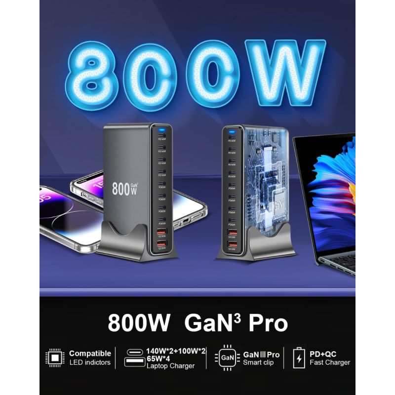 800W USB C Snellader GaN III Pro 10 Poorten | 2x140W PD PPS Laadstation voor Multi-apparaat