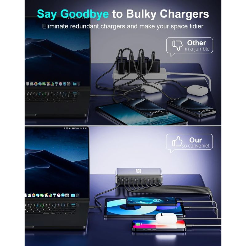 800W USB C Snellader GaN III Pro 10 Poorten | 2x140W PD PPS Laadstation voor Multi-apparaat