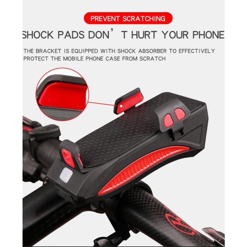 Multifunctionele 4 in 1 MTB fietsverlichting USB oplaadbare LED koplamp met verstelbare telefoonhouder & powerbank