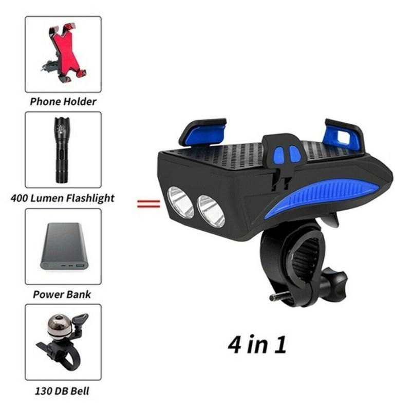 Multifunctionele 4 in 1 MTB fietsverlichting USB oplaadbare LED koplamp met verstelbare telefoonhouder & powerbank