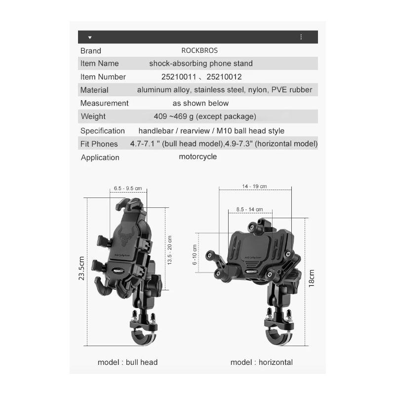 ROCKBROS Telefoonhouder Aluminium Draaibare en Verstelbare Motorfietstelefoonhouder met Siliconen Schokabsorptie